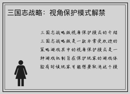 三国志战略：视角保护模式解禁